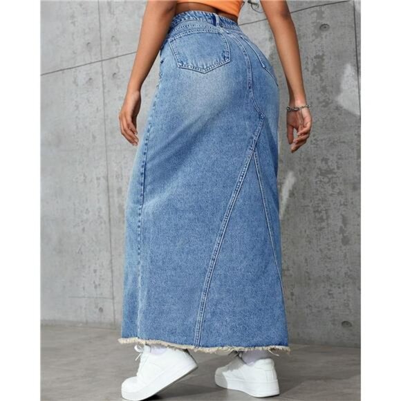Women's High Waisted Maxi A line Denim Skirt Blue - Picture 3 of 6